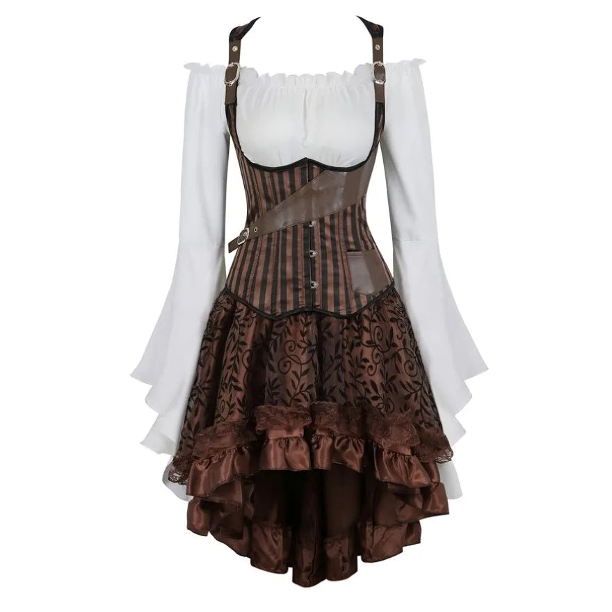 Steampunk Corset Dress Gothic PU Leather Corset Crop Top Renaissance Blouse With Burlesque Skirt Three-Pieces Set Pirate Costume