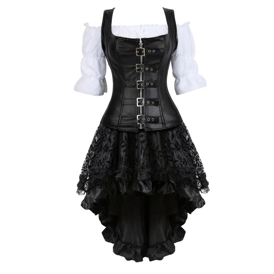 Steampunk Corset Dress Gothic PU Leather Corset Crop Top Renaissance Blouse With Burlesque Skirt Three-Pieces Set Pirate Costume