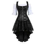 Steampunk Corset Dress Gothic PU Leather Corset Crop Top Renaissance Blouse With Burlesque Skirt Three-Pieces Set Pirate Costume