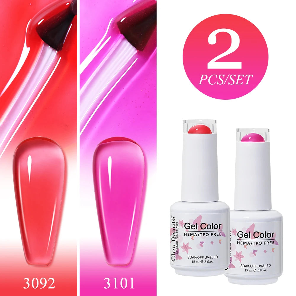 Clou Beaute 2pcs Translucent Pink Ruby Red Color Nail Gel Semi-Permanent Varnish Jelly Gel Nail Varnish French Nail Art 15ml