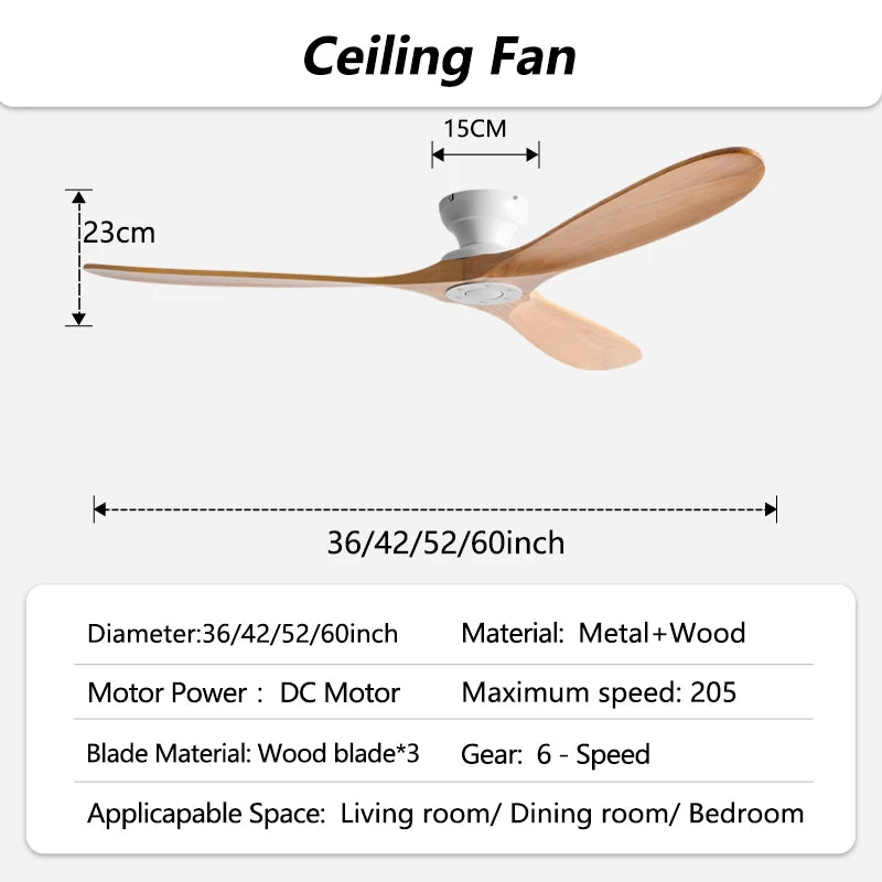 42/52/60inch Low Floor Ceiling Fan 3 wooden blade DC Motor Electric fan with Remote control for Living room dining room bedroom