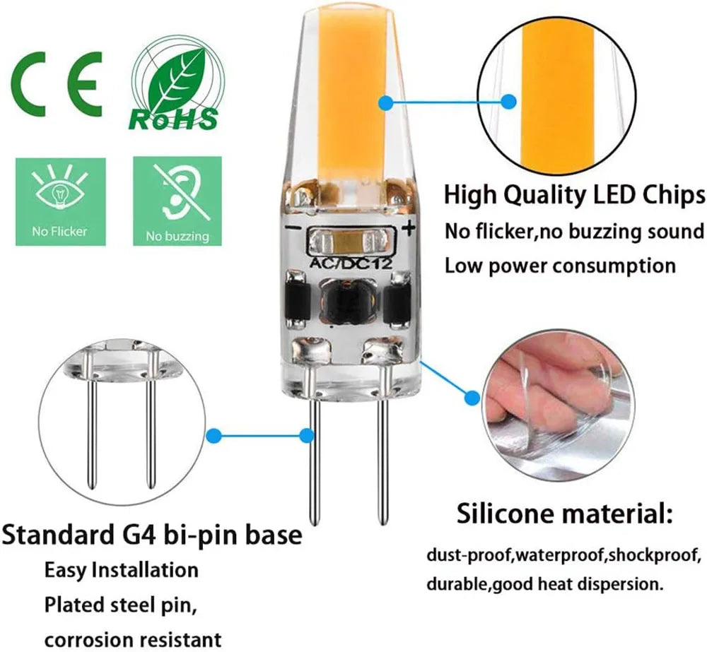 10pcs Mini G4 LED Bulb COB Light AC DC 12V/220V Warm/Cold White 360 Beam Angle Chandelier Spotlight Replace 20/40W Halogen Lamp
