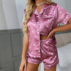 Women's Pajama Pj Set Heart Print Satin Pyjama Casual Short Sleeve Lapel Collar Tops & Pants Sleepwear & Loungewear for Adults