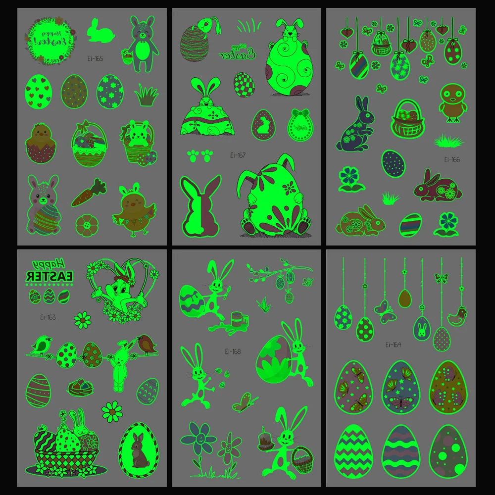 Easter Luminous Temporary Tattoos | Glow in The Dark Rabbit Bunny Eggs Chicks Flowers Waterproof Stickers for Party Gifts