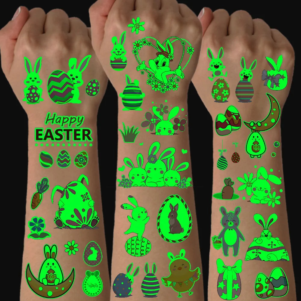 Easter Luminous Temporary Tattoos | Glow in The Dark Rabbit Bunny Eggs Chicks Flowers Waterproof Stickers for Party Gifts