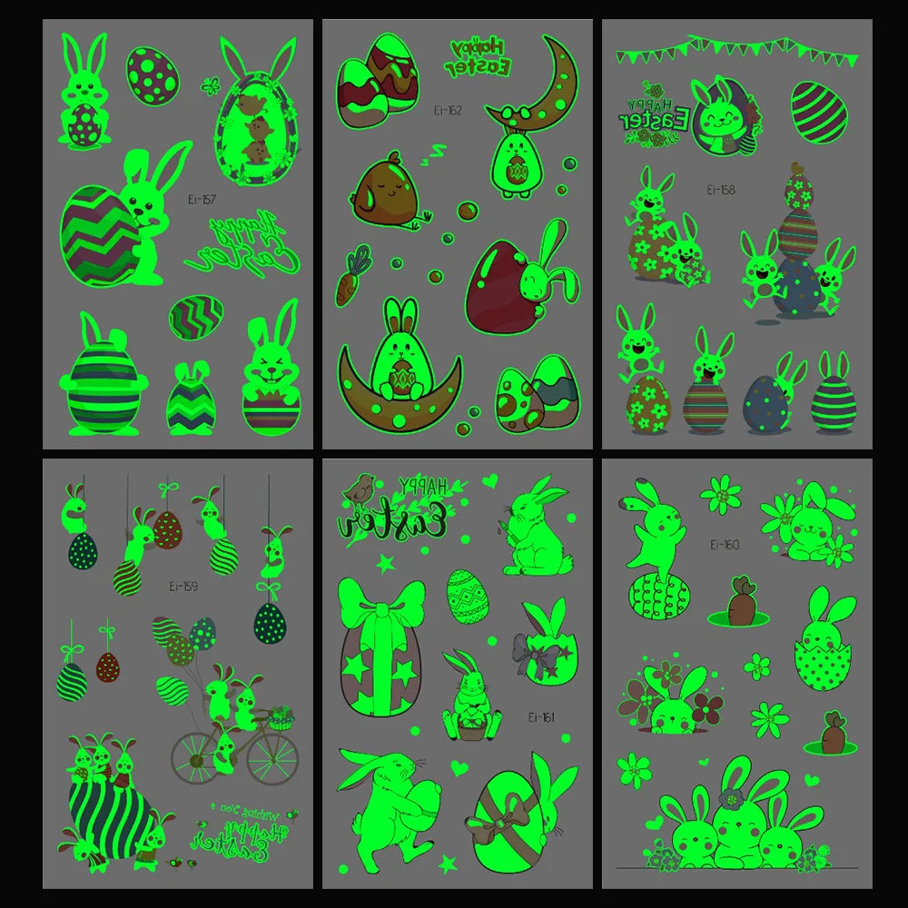 Easter Luminous Temporary Tattoos | Glow in The Dark Rabbit Bunny Eggs Chicks Flowers Waterproof Stickers for Party Gifts