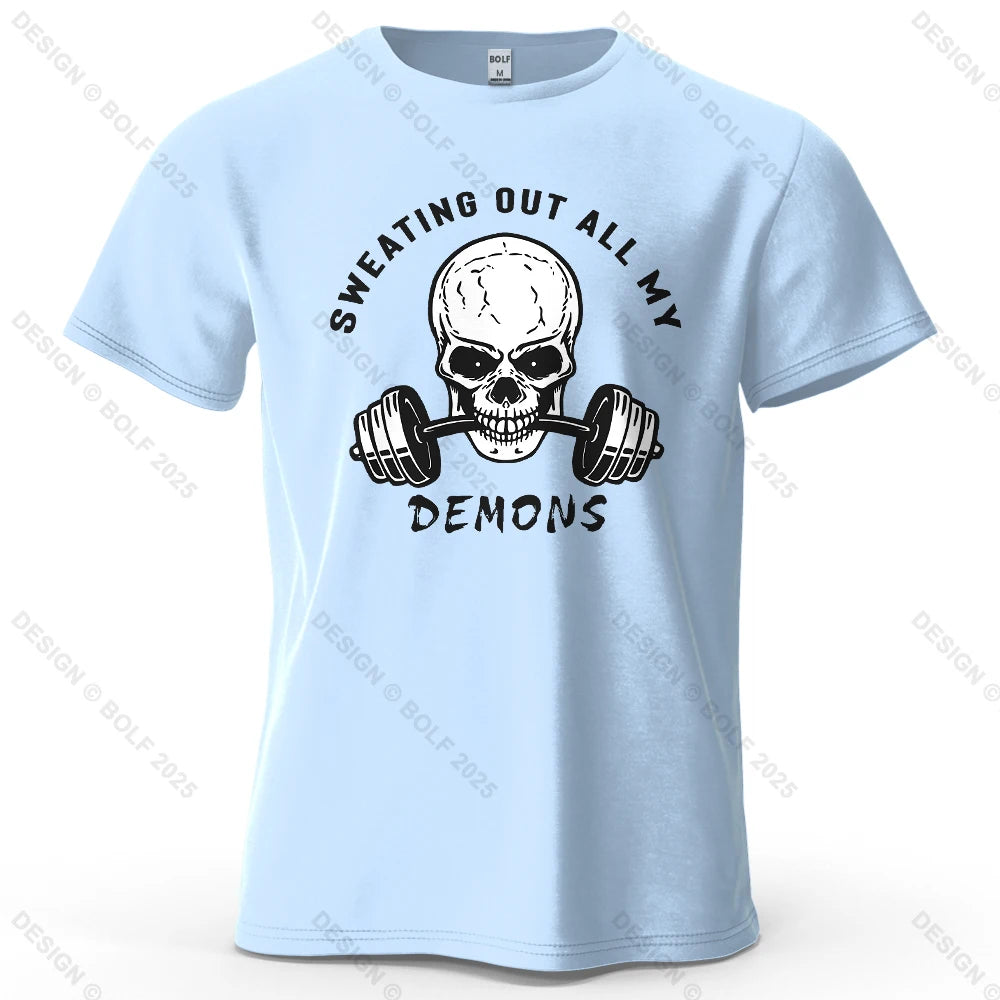 Fitness Skull Motivated Printed Men's T-Shirt 100% Cotton Oversized Gym Graphic Tees for Women Tops Tees Casual Streetwear