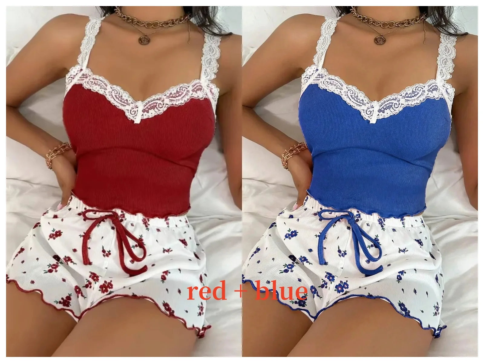 Women 2psc Pajama Set Pink Lace Patchwork V-Neck Sleepwear Sexy Nighties Suit Cami Top Printed Shorts Soft Pyjamas Loungewear