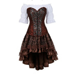 Steampunk Corset Dress Gothic PU Leather Corset Crop Top Renaissance Blouse With Burlesque Skirt Three-Pieces Set Pirate Costume