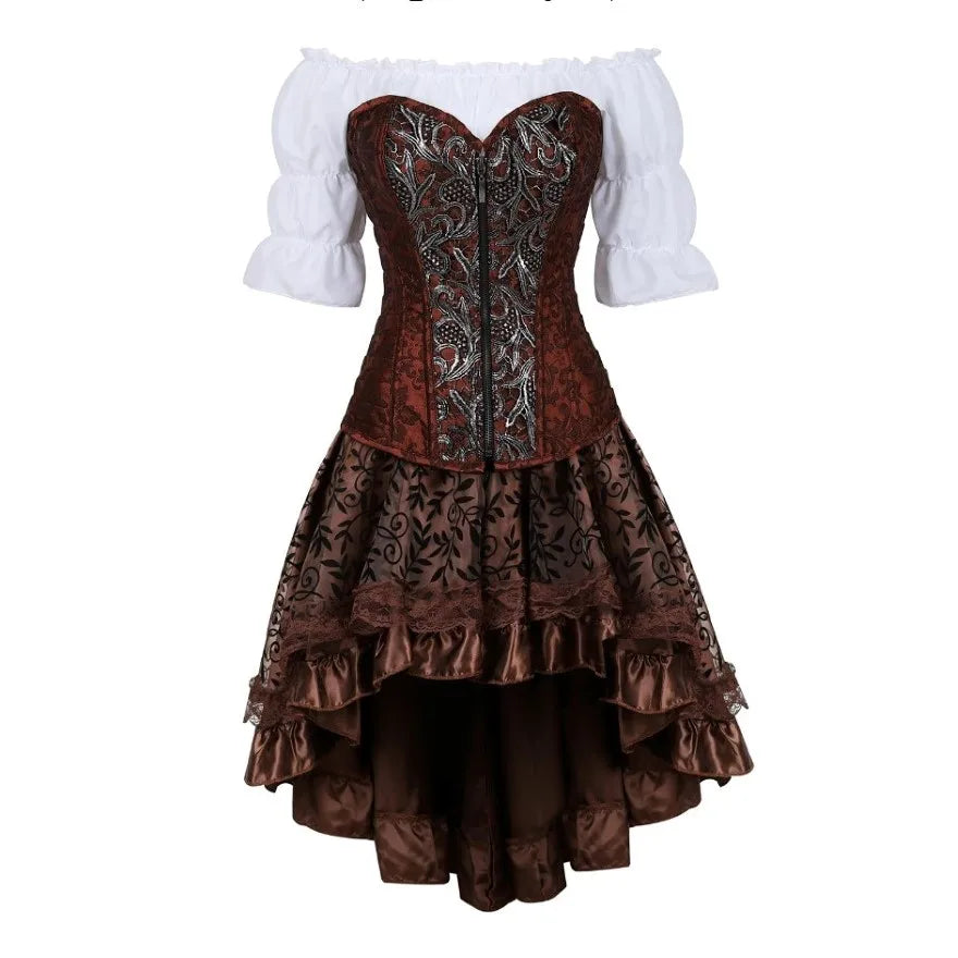 Steampunk Corset Dress Gothic PU Leather Corset Crop Top Renaissance Blouse With Burlesque Skirt Three-Pieces Set Pirate Costume