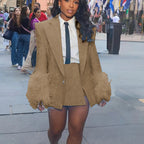 Light Blue Tweed Women's Jacket Skirt Sets with Feather Cuffs Single Button Notch Lapel Blazer 2Piece Set for Chic Streetwear