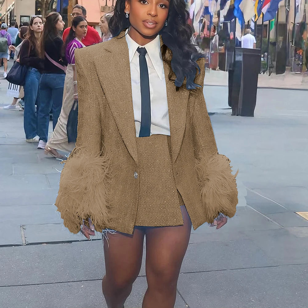Light Blue Tweed Women's Jacket Skirt Sets with Feather Cuffs Single Button Notch Lapel Blazer 2Piece Set for Chic Streetwear