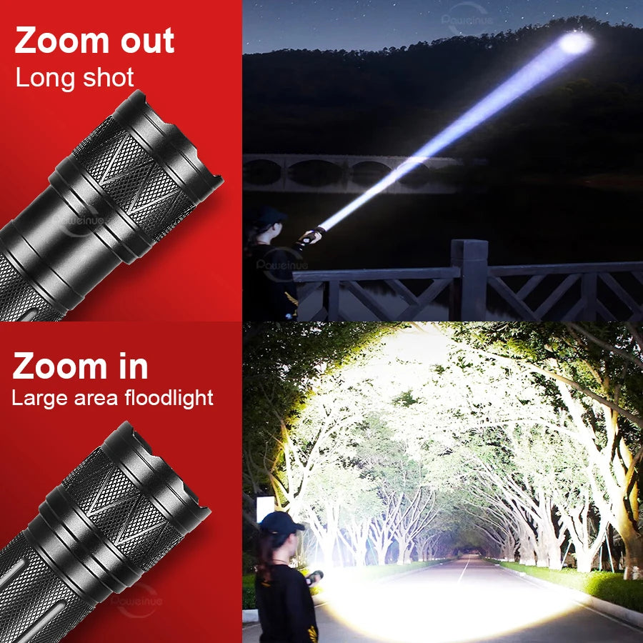 Portable 9000000 Powerful Flashlight Aluminum Alloy Built-in 3x18650 Battery Rechargeable Telescopic Zoom Torch With Power Bank