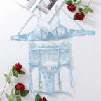 High Quality 2024 Hot Sale Luxury Ladies Erotic Lingerie Lace Floral Embroidery Sexy See-Through Gathered Underwear 4-Piece Set