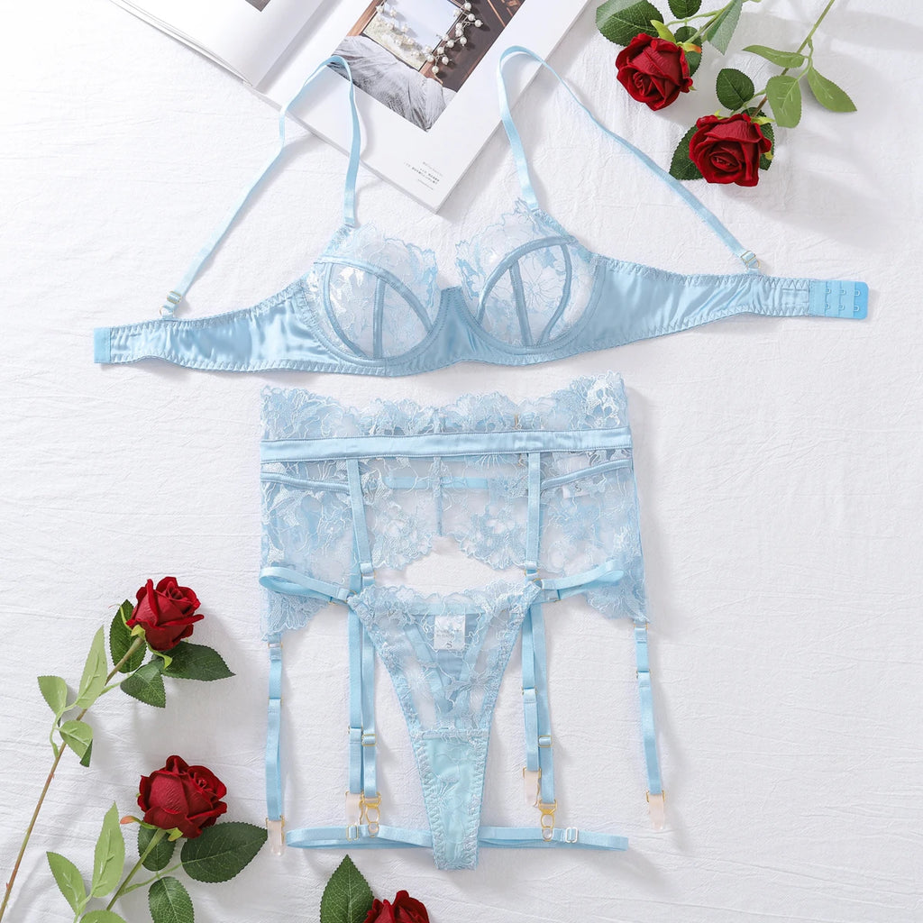 High Quality 2024 Hot Sale Luxury Ladies Erotic Lingerie Lace Floral Embroidery Sexy See-Through Gathered Underwear 4-Piece Set