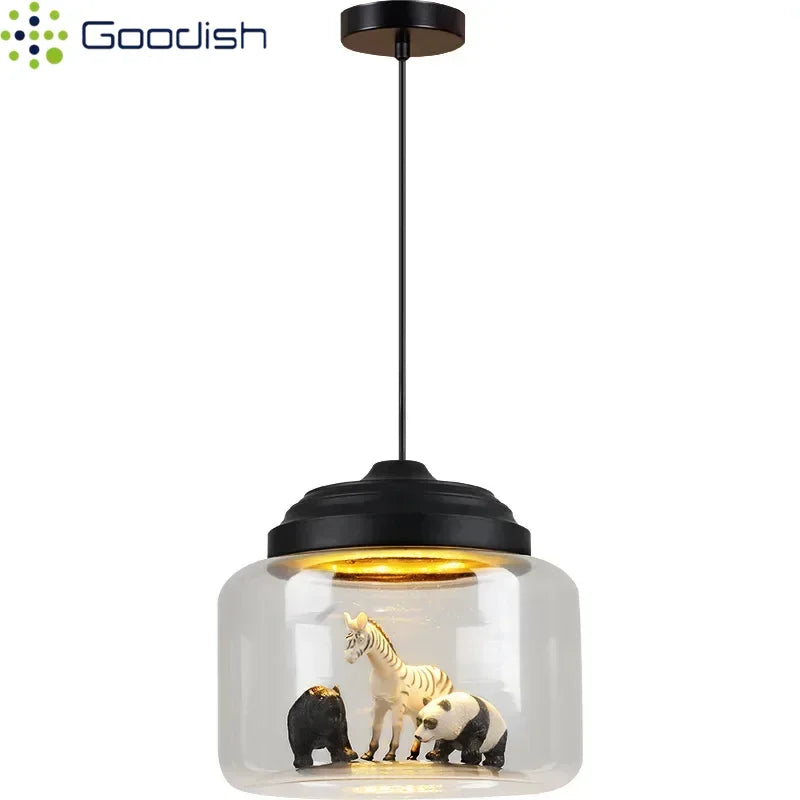 Modern Stylish Glass jar-shaped animal figurine LED Pendant Light Art Creative Lamps for Living Room Home Decoration Chandeliers