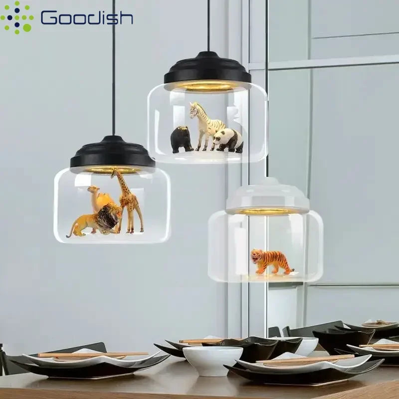 Modern Stylish Glass jar-shaped animal figurine LED Pendant Light Art Creative Lamps for Living Room Home Decoration Chandeliers