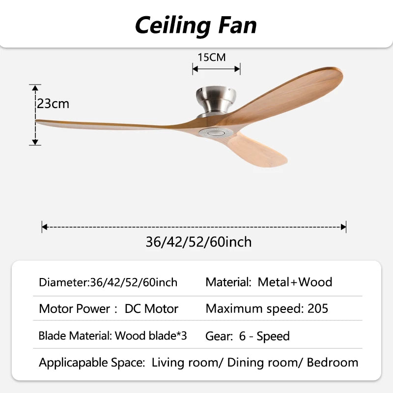 42/52/60inch Low Floor Ceiling Fan 3 wooden blade DC Motor Electric fan with Remote control for Living room dining room bedroom