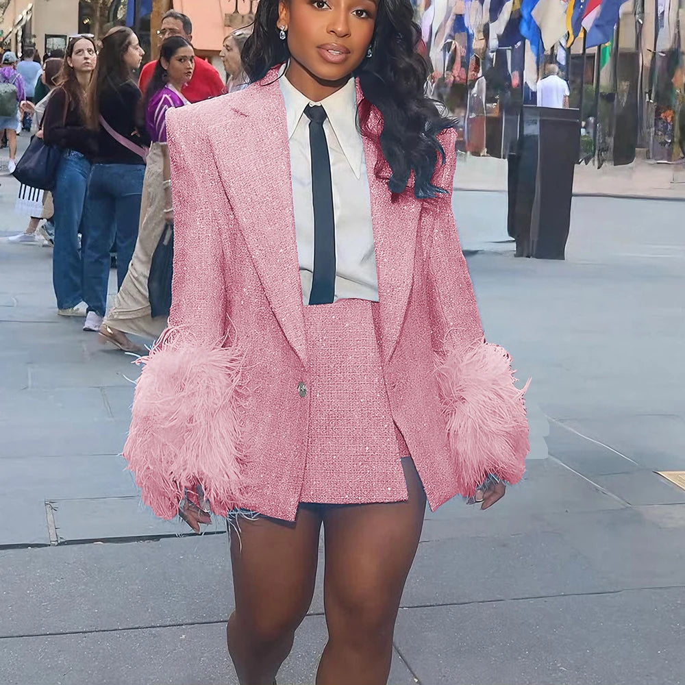 Light Blue Tweed Women's Jacket Skirt Sets with Feather Cuffs Single Button Notch Lapel Blazer 2Piece Set for Chic Streetwear