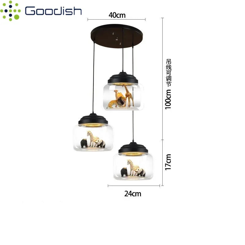 Modern Stylish Glass jar-shaped animal figurine LED Pendant Light Art Creative Lamps for Living Room Home Decoration Chandeliers