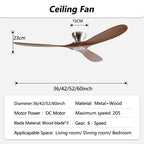 42/52/60inch Low Floor Ceiling Fan 3 wooden blade DC Motor Electric fan with Remote control for Living room dining room bedroom