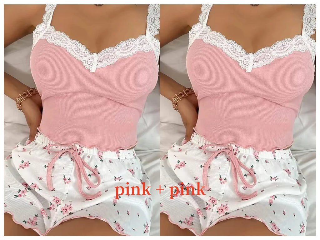 Women 2psc Pajama Set Pink Lace Patchwork V-Neck Sleepwear Sexy Nighties Suit Cami Top Printed Shorts Soft Pyjamas Loungewear