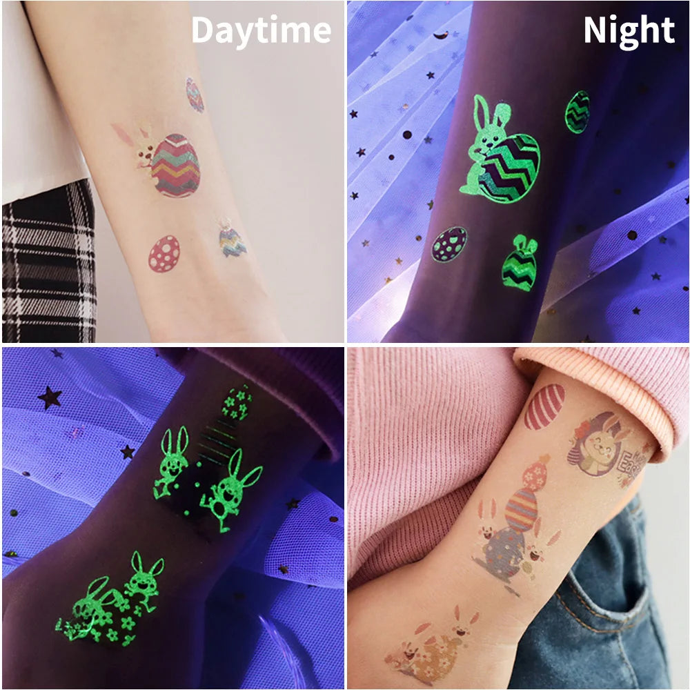 Easter Luminous Temporary Tattoos | Glow in The Dark Rabbit Bunny Eggs Chicks Flowers Waterproof Stickers for Party Gifts