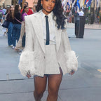 Light Blue Tweed Women's Jacket Skirt Sets with Feather Cuffs Single Button Notch Lapel Blazer 2Piece Set for Chic Streetwear