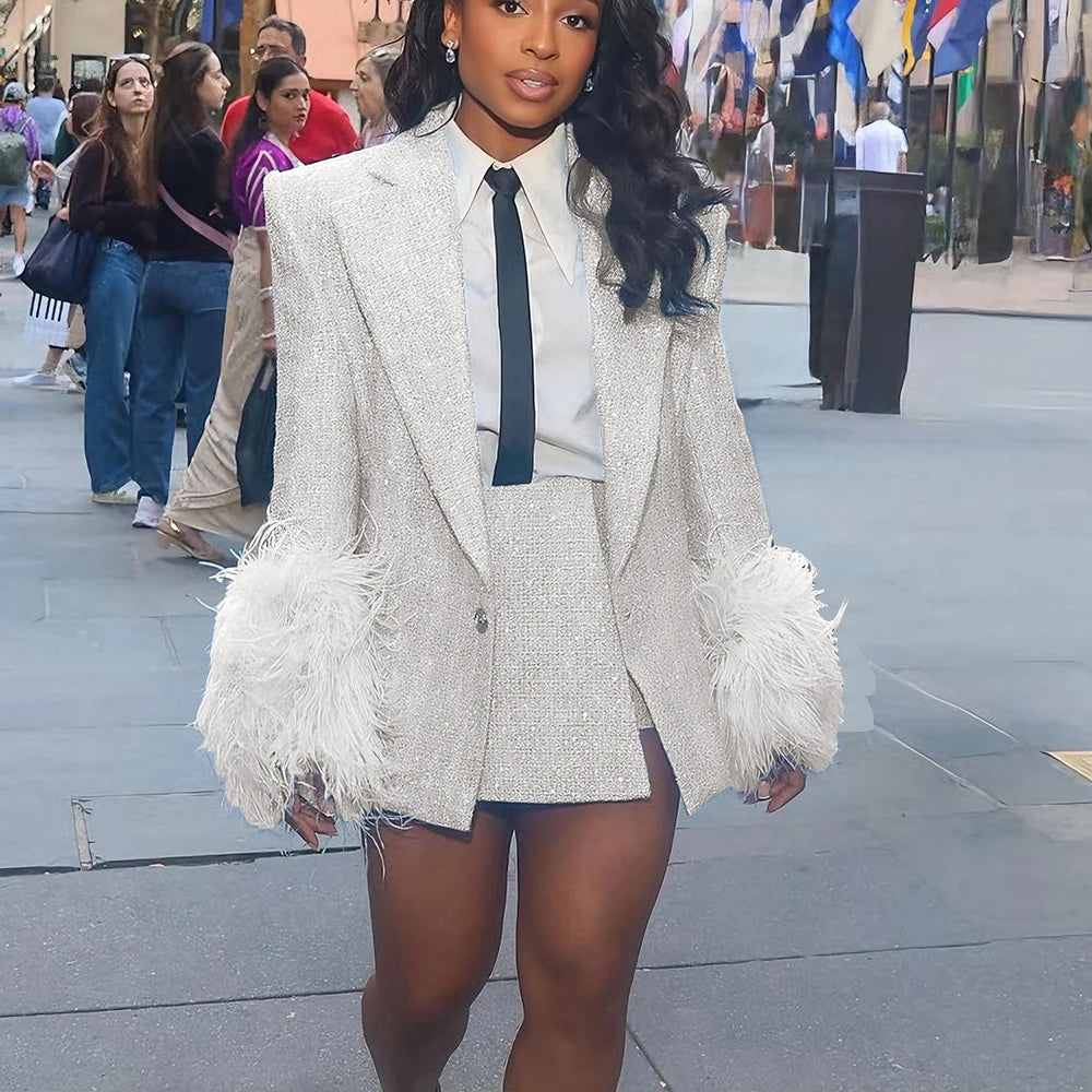 Light Blue Tweed Women's Jacket Skirt Sets with Feather Cuffs Single Button Notch Lapel Blazer 2Piece Set for Chic Streetwear