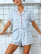 Women Pajamas Cardigan Lapel Short Sleeve Shorts Two Piece Set Loungewear Spring Summer Sweet Blue Plaid Cherry Print Loose Comf
