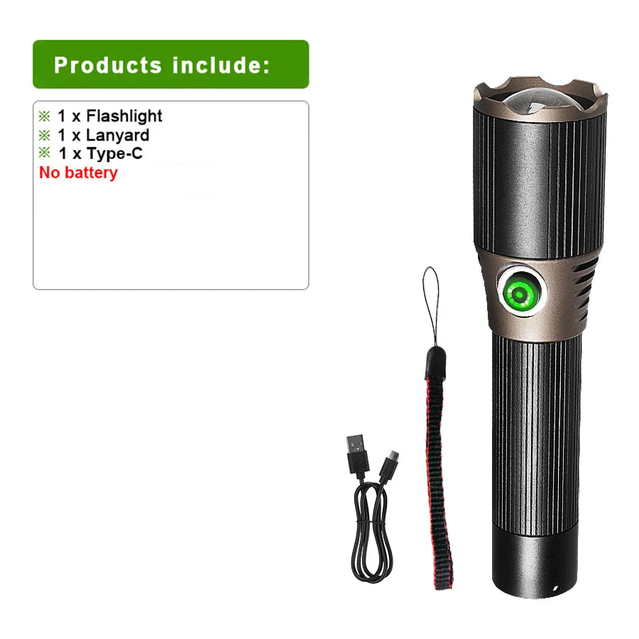 2026 Strong Light Portable Flashlight 18650 Rechargeable LED Torch Zoom Aluminum Alloy Flashlights 200000LM Super Bright Lantern