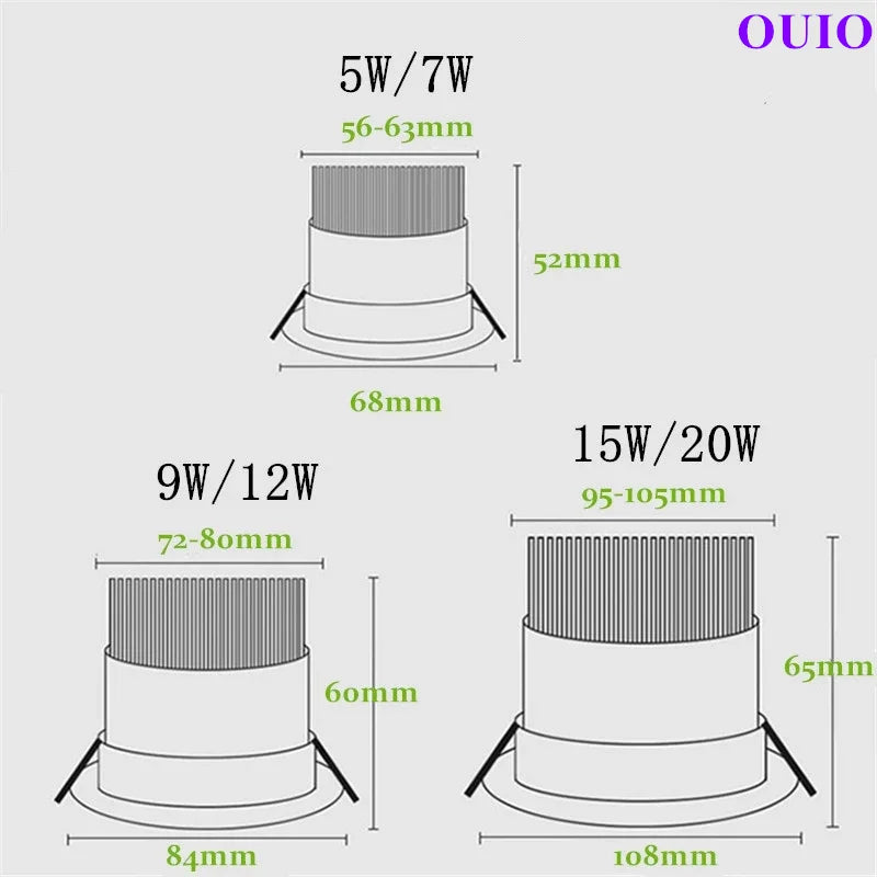 Super Bright Recessed Dimmable LED Downlights 5W 7W 9W 12W 15W 20W COB Rotating Ceiling Spot Lights AC85~265V Background Lamps