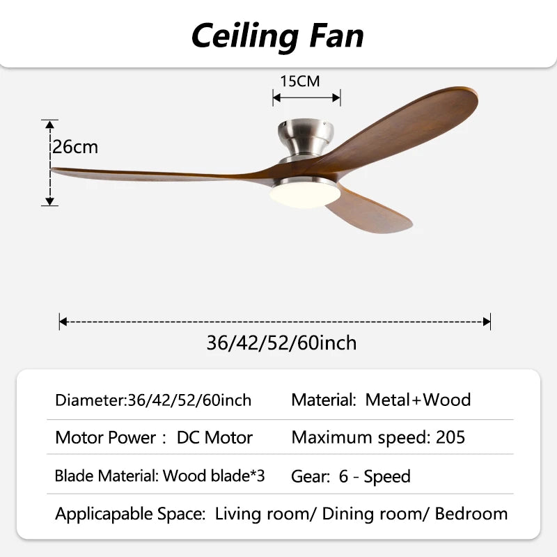 42/52/60inch Low Floor Ceiling Fan 3 wooden blade DC Motor Electric fan with Remote control for Living room dining room bedroom