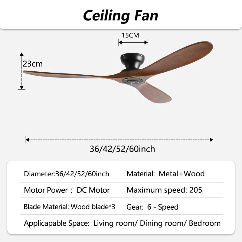42/52/60inch Low Floor Ceiling Fan 3 wooden blade DC Motor Electric fan with Remote control for Living room dining room bedroom