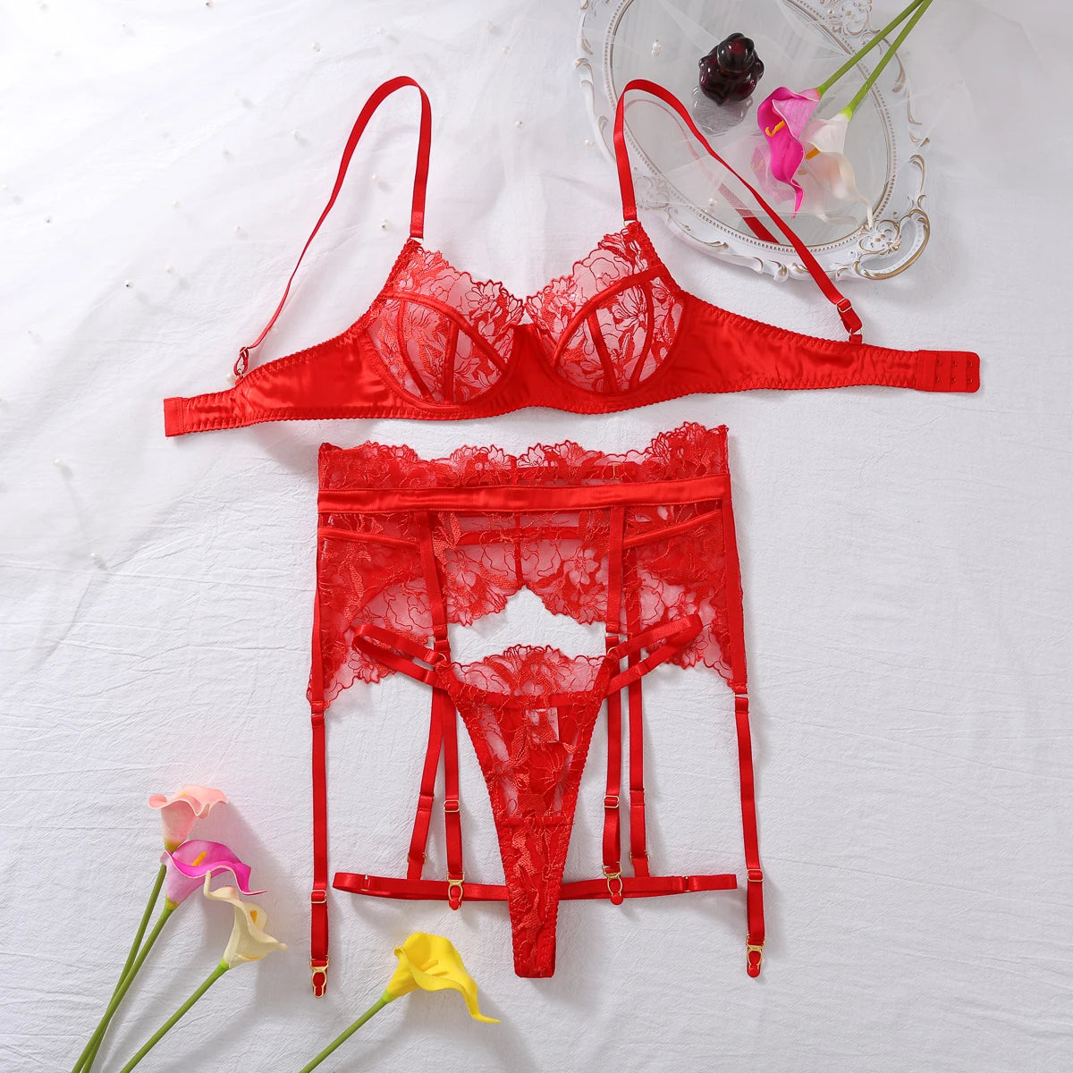 High Quality 2024 Hot Sale Luxury Ladies Erotic Lingerie Lace Floral Embroidery Sexy See-Through Gathered Underwear 4-Piece Set