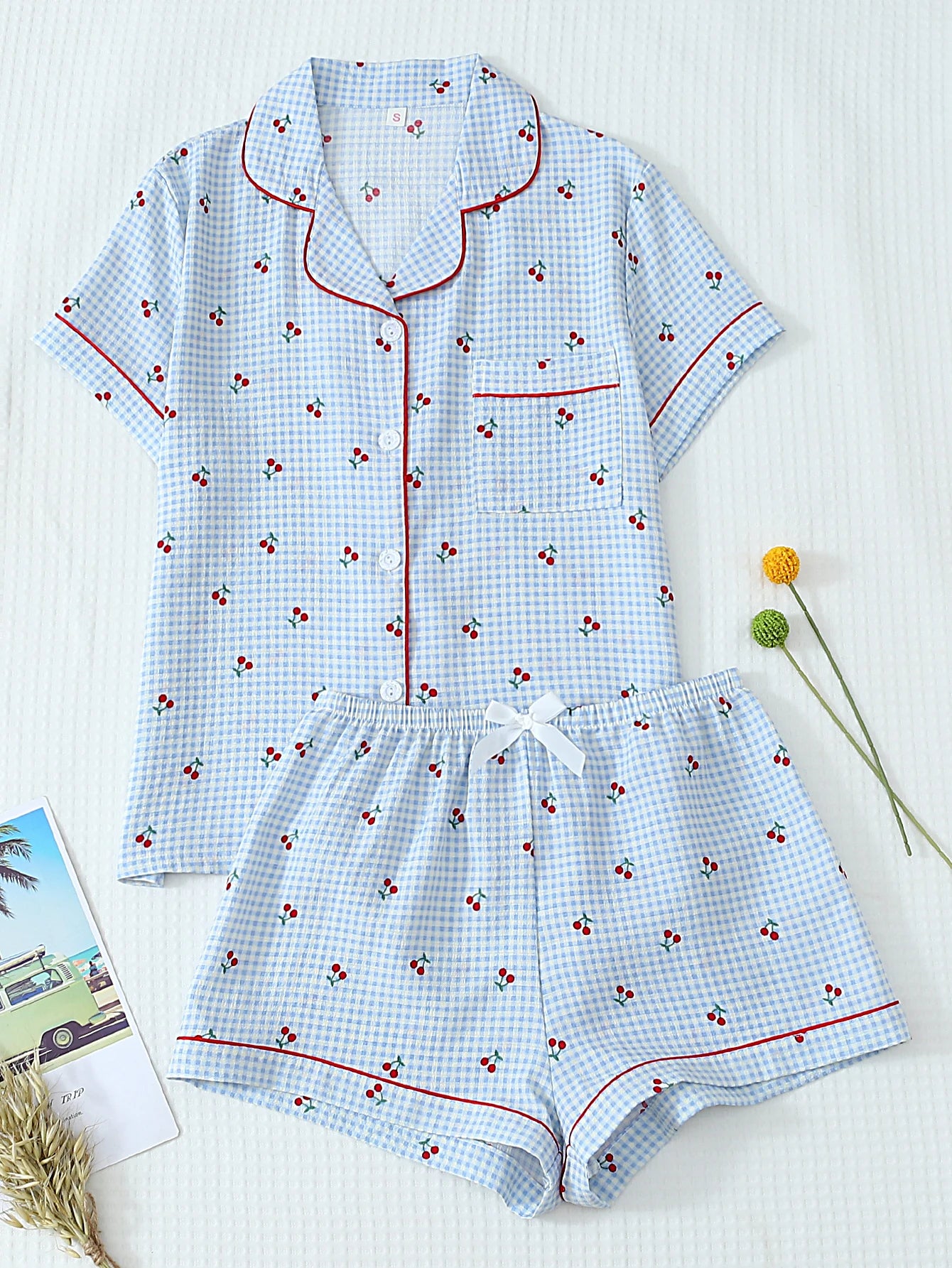 Women Pajamas Cardigan Lapel Short Sleeve Shorts Two Piece Set Loungewear Spring Summer Sweet Blue Plaid Cherry Print Loose Comf