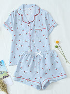 Women Pajamas Cardigan Lapel Short Sleeve Shorts Two Piece Set Loungewear Spring Summer Sweet Blue Plaid Cherry Print Loose Comf