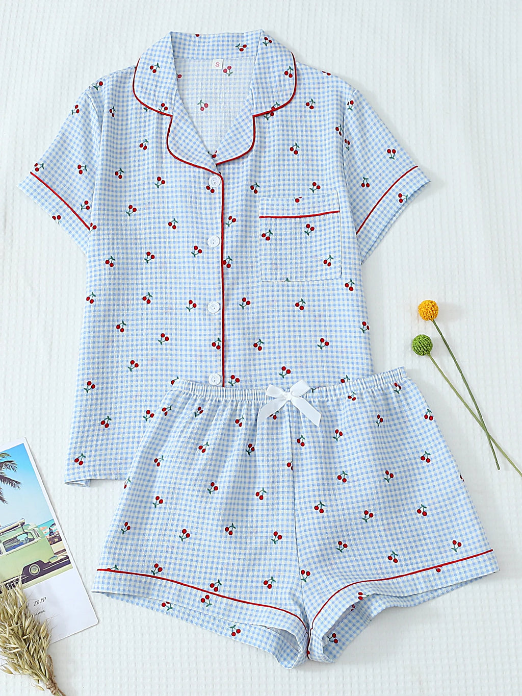 Women Pajamas Cardigan Lapel Short Sleeve Shorts Two Piece Set Loungewear Spring Summer Sweet Blue Plaid Cherry Print Loose Comf
