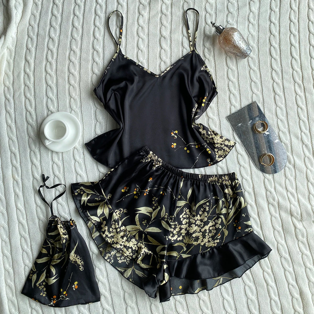 Elegant Floral Print Cami Tops Ruffle Hem Shorts Pajama Set  Women's Sleepwear Loungewear