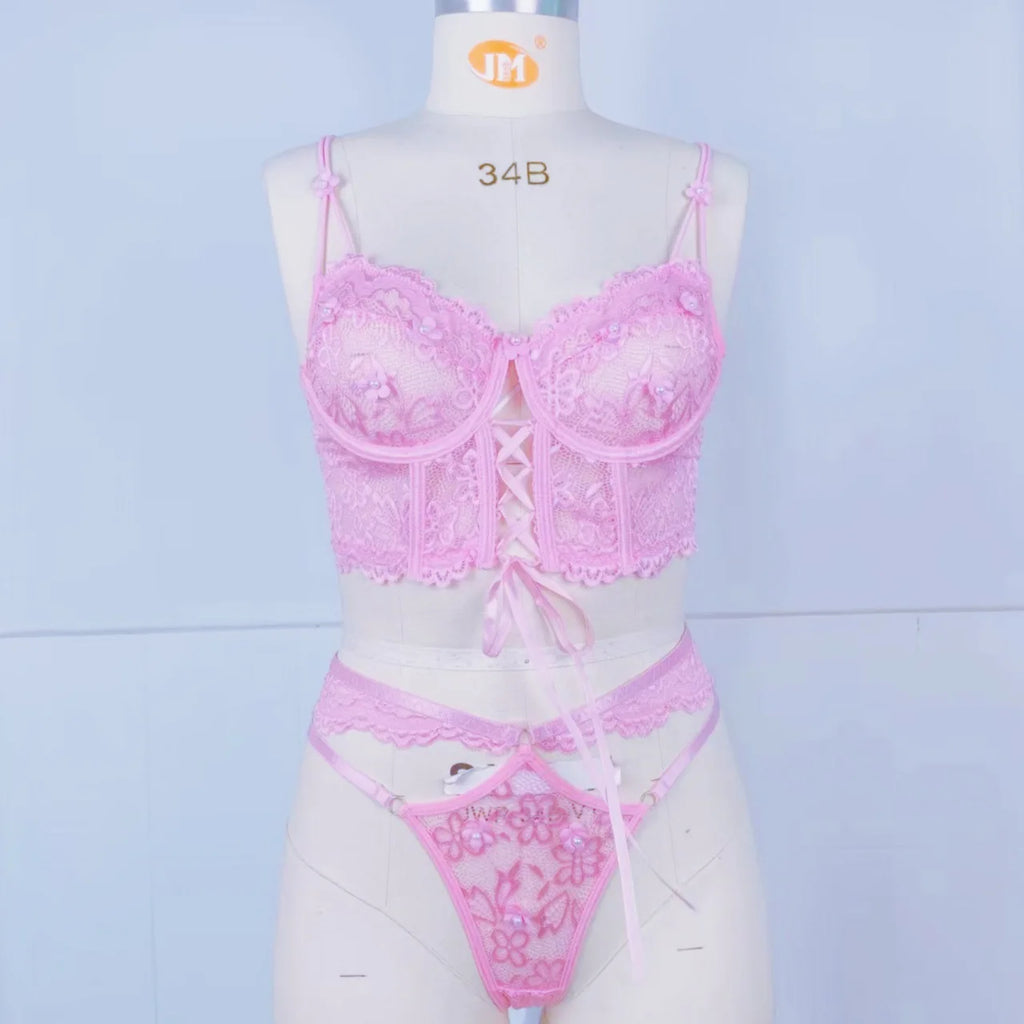 Toucheart Sexy Lingerie Strap Underwire Lace Bra For Women Sexy Beaded 3D Flower Hollow Out See-through Lace Up Underwear Set