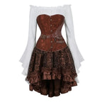Steampunk Corset Dress Gothic PU Leather Corset Crop Top Renaissance Blouse With Burlesque Skirt Three-Pieces Set Pirate Costume