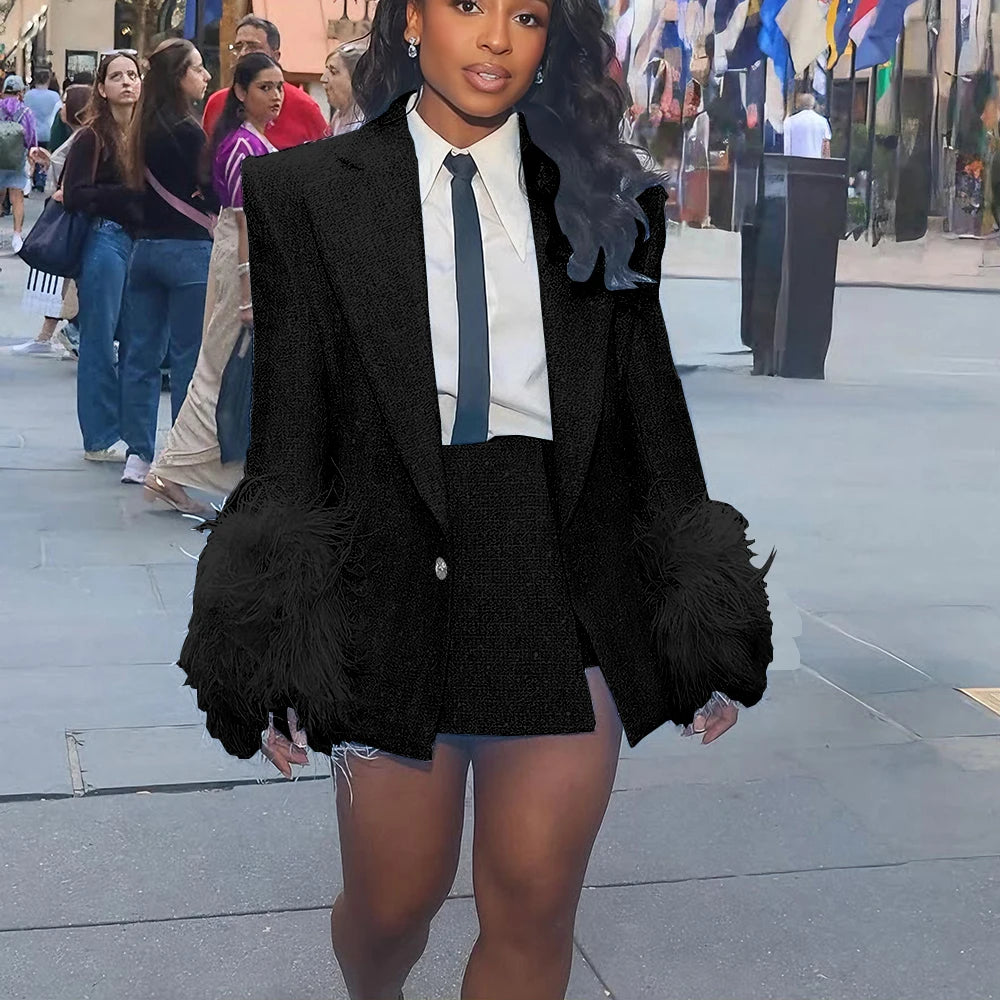 Light Blue Tweed Women's Jacket Skirt Sets with Feather Cuffs Single Button Notch Lapel Blazer 2Piece Set for Chic Streetwear