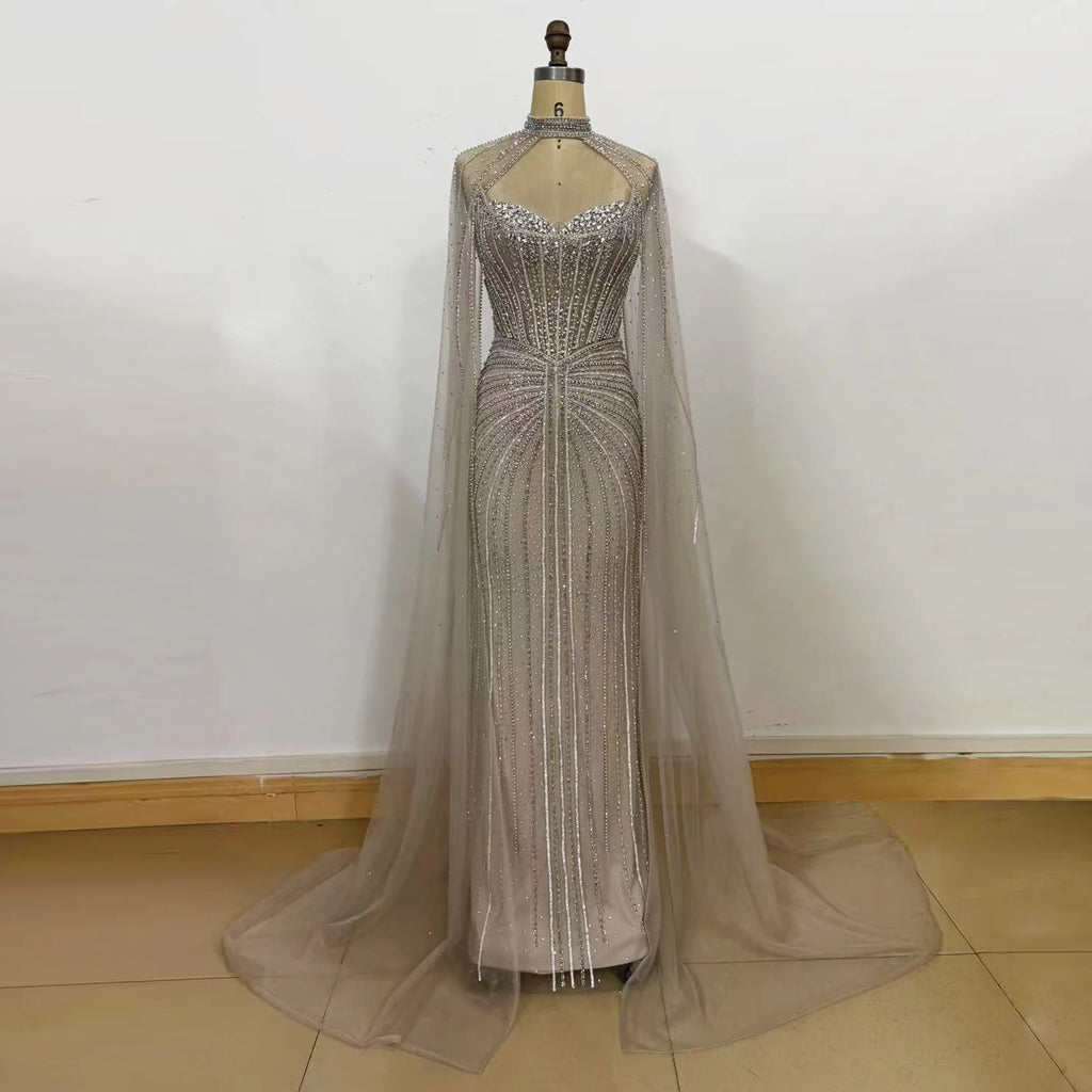 Elegant Mermaid Evening Dress for Women with Cape Sleeves 2026 Dubai Arabia Beads Long Formal Prom Wedding Party Gown Customized